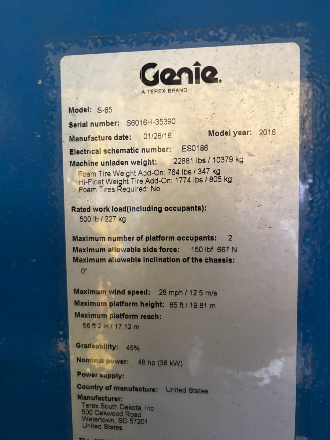 2016 Genie S65 XC -Warranty- Boomlift Manlift (id.5390b)