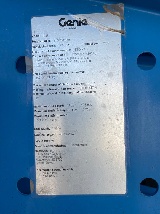 2012 Genie S-45 45' Boomlift/Manlift Reach For Sale (id.7201d)
