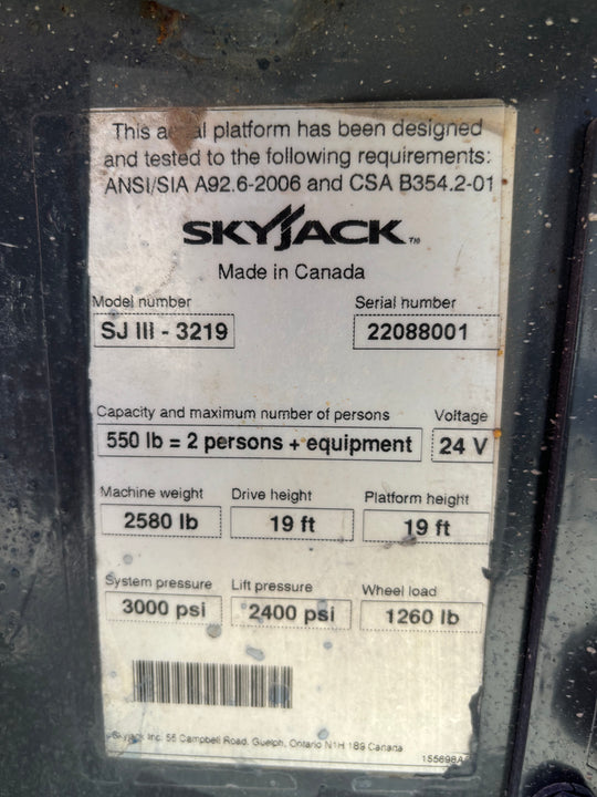 19’ 2012 Skyjack SJIII 3219 Scissorlifts -Two Year Warranty- (id.8001a)