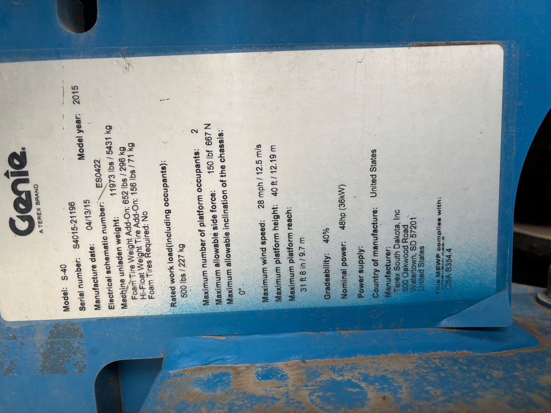 2015 Genie S40 -Warranty- Boomlift Manlift (id.1196)