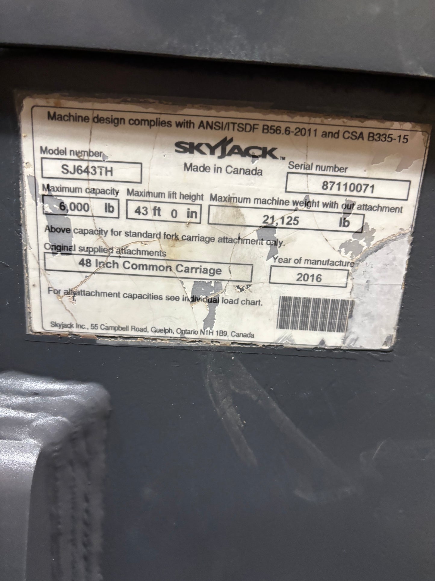 2016 Skyjack SJ 643 TH -Warranty- Forklift Telehandler -Hrs. 2535- (id.0071d)