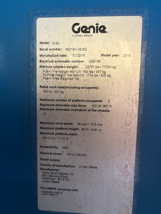 2016 *Warranty* Genie S65 XC 65' Boomlift Manlift (id.5382e)