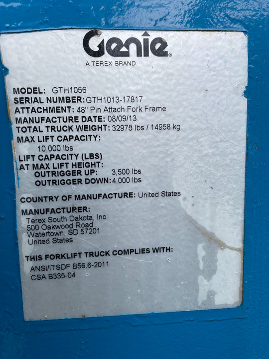 56 ft 2013 Genie GTH-1056 Forklift Telehandler -Hrs 4853-(id.7817)