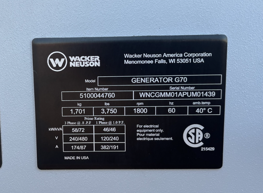 2023 Wacker Neuson G70 -Warranty- Mobile Generator (id.3086)