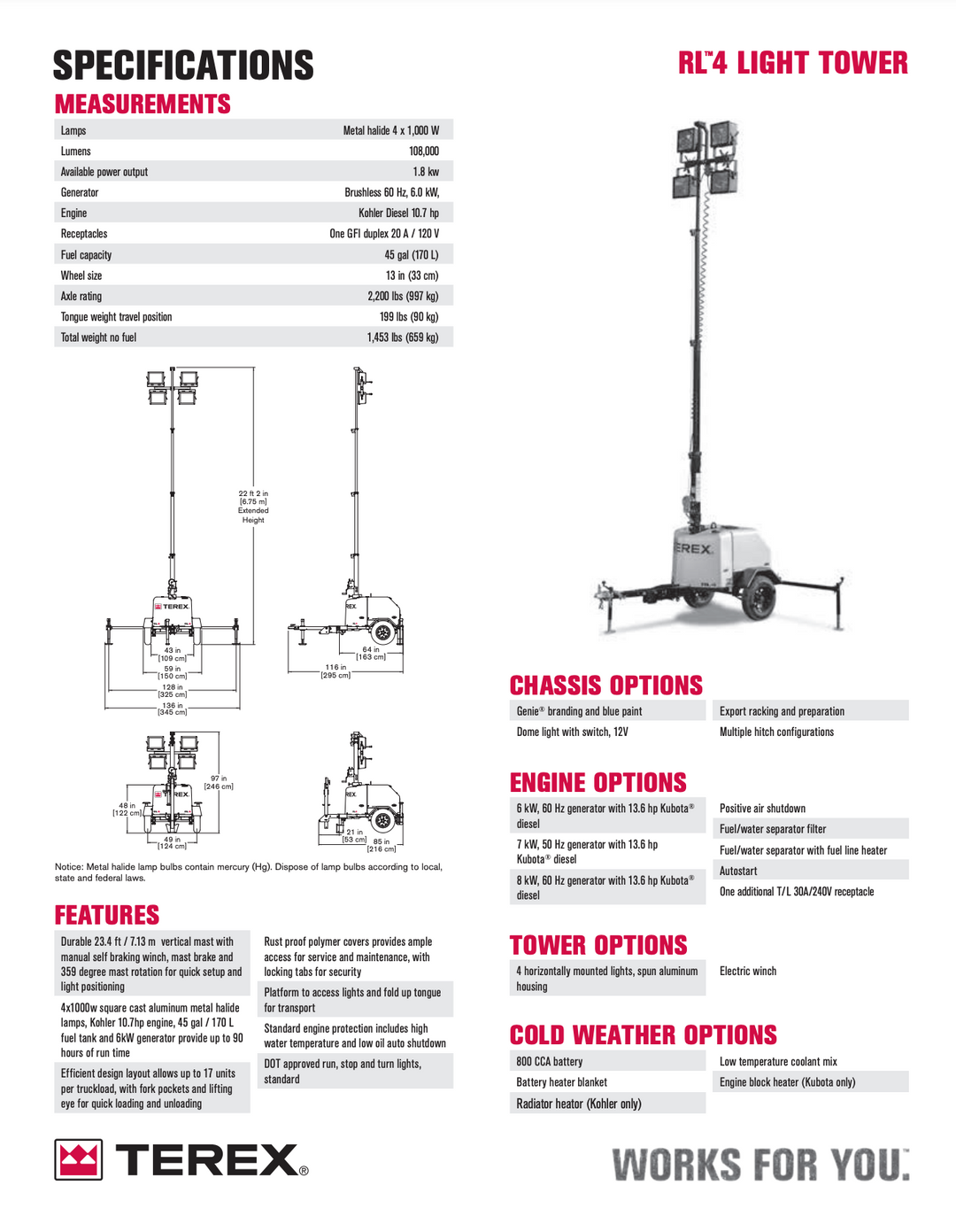 2017 Terex RL4 6 kW Light Tower -1 Yr Warranty- (Id.4964c)