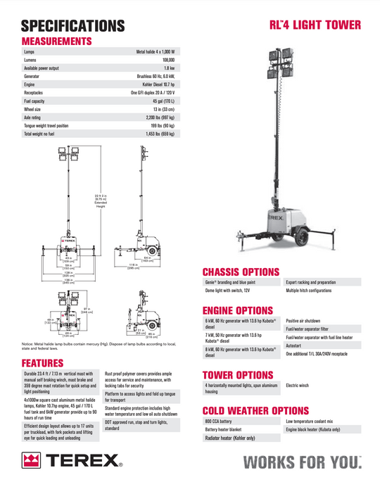 2017 Terex RL4 6 kW Light Tower -1 Yr Warranty- (Id.4964c)