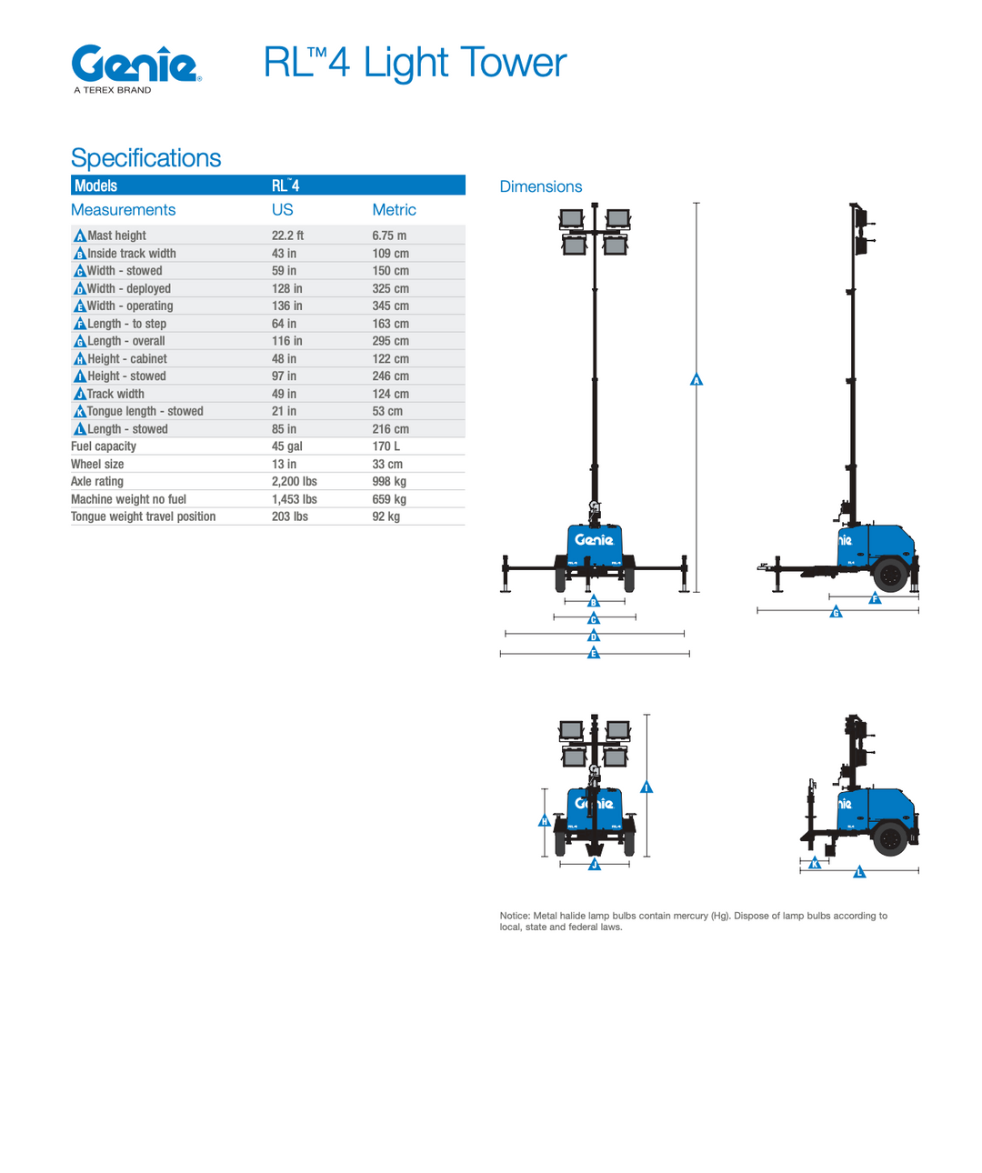 2017 Terex RL4 6 kW Light Tower -1 Yr Warranty- (Id.4964c)