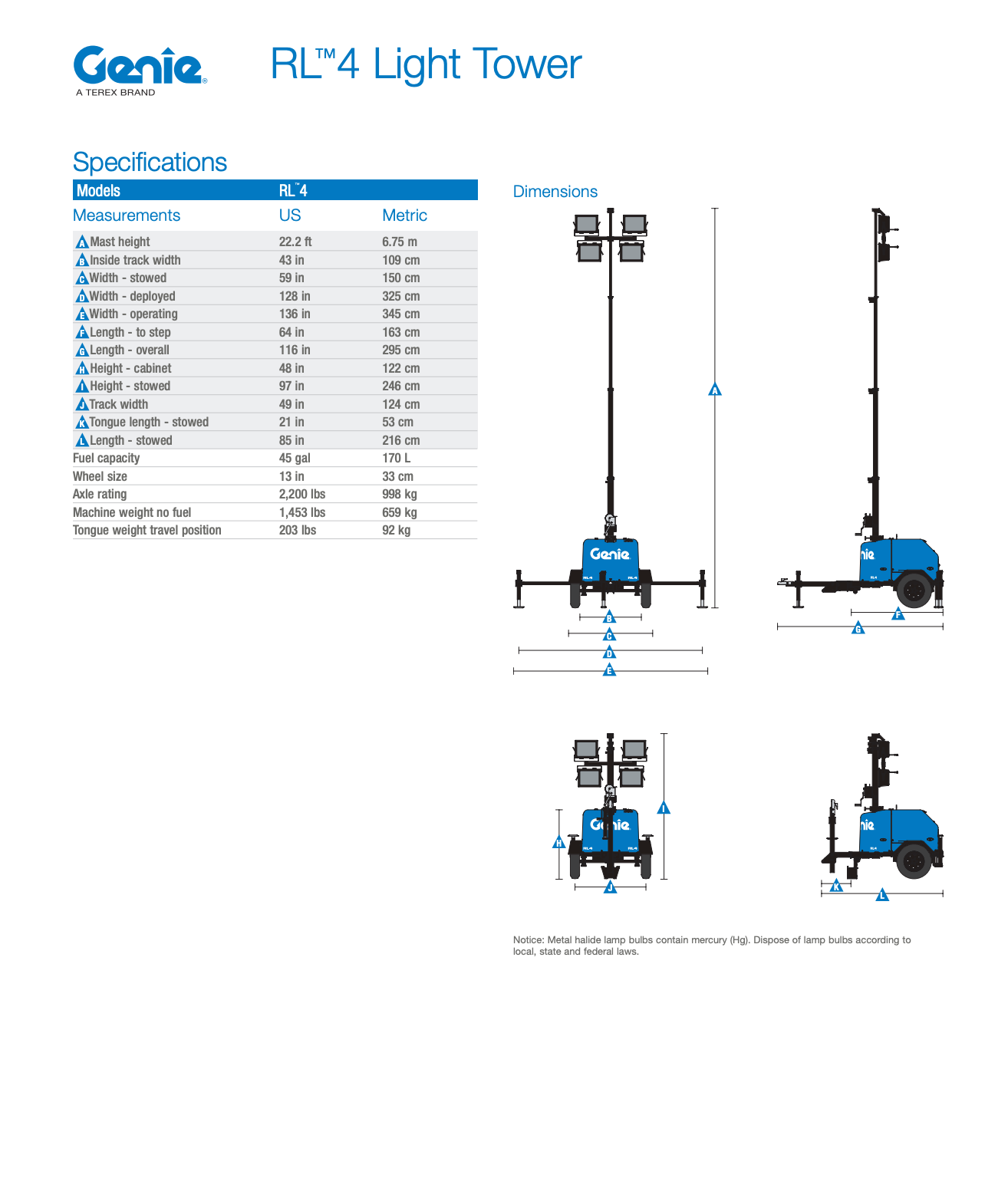 2017 Terex RL4 6 kW Light Tower (Id.4964c)