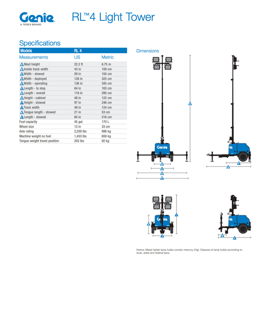 2017 Terex RL4 6 kW Light Tower -1 Yr Warranty- (Id.4964c)