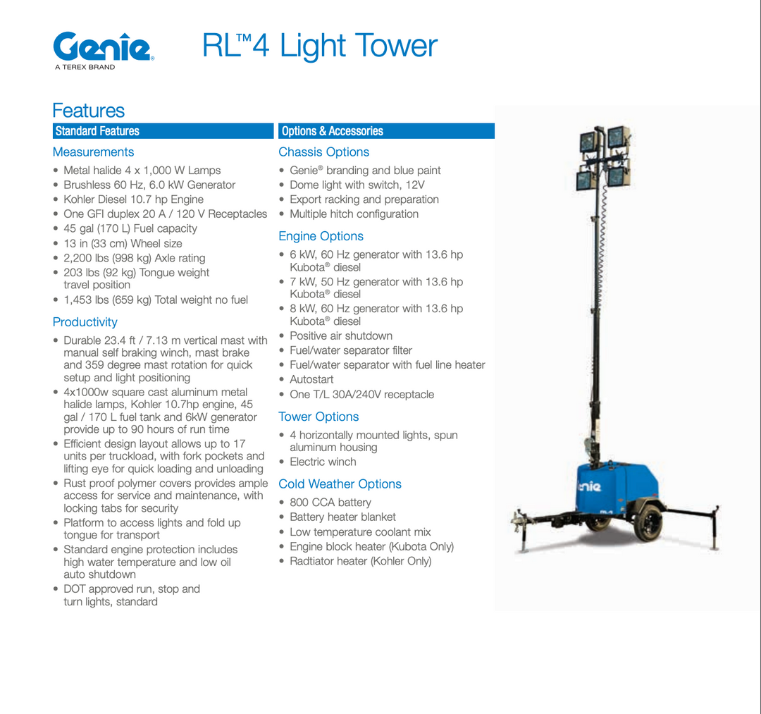 2017 Terex RL4 6 kW Light Tower -1 Yr Warranty- (Id.4964c)