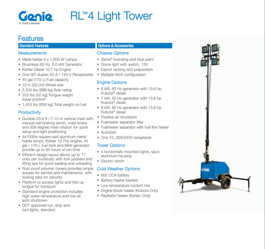 2017 Terex RL4 6 kW Light Tower -1 Yr Warranty- (Id.4964c)