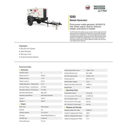 Wacker Neuson G50 38 kW Mobile Generator For Rent